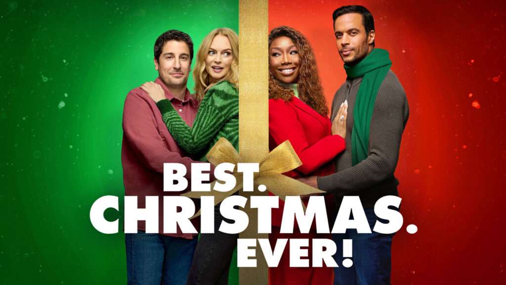 Poster for Best. Christmas. Ever! showing two couples standing on opposite sides of a giant gold ribbon and bow, as if they’re wrapped like a holiday gift. On the left, the background is green with a couple dressed in cozy winter outfits; on the right, the background is red with another couple in festive clothing. The title appears across the bottom in bold white letters.