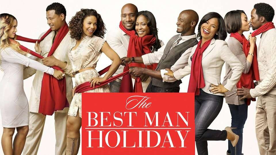 Promotional image for The Best Man Holiday featuring the ensemble cast dressed in winter whites and neutrals, all playfully wrapped in long red scarves. The group stands closely together, smiling, laughing, and interacting warmly against a white background. At the bottom center, a red title box displays the film’s name: ‘The Best Man Holiday.