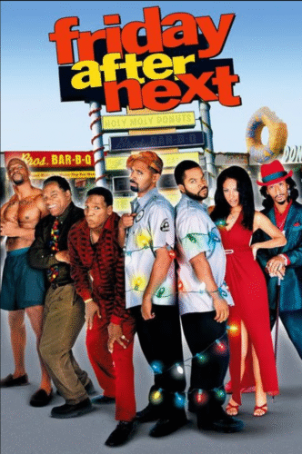 Poster for the comedy film Friday After Next, featuring the ensemble cast standing in a row in front of a strip mall with signs for ‘Holy Moly Donuts’ and ‘Bros. Bar-B-Q.’ Ice Cube and Mike Epps stand center wearing security guard uniforms wrapped in colorful Christmas lights. Surrounding them are characters in bold outfits, including a muscular man in shorts, an older man laughing, and a woman in a red dress. The film title ‘friday after next’ appears in large red, yellow, and black lettering across the top.