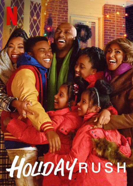 Poster for Holiday Rush featuring a joyful family huddled together in a warm group hug outside a festively decorated house. The father stands in the center smiling widely, surrounded by his children bundled in winter coats, and two women embracing them. Christmas lights glow in the background. The Netflix logo appears at the top left, with the title ‘Holiday Rush’ at the bottom.