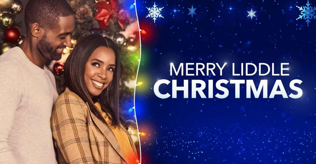 Promotional image for Merry Liddle Christmas showing a smiling couple standing in front of a decorated Christmas tree. The woman, wearing a plaid jacket, looks over her shoulder at the man behind her. The right half of the image features a deep blue background with glowing lights and snowflakes, with the title ‘Merry Liddle Christmas’ in bold white letters.